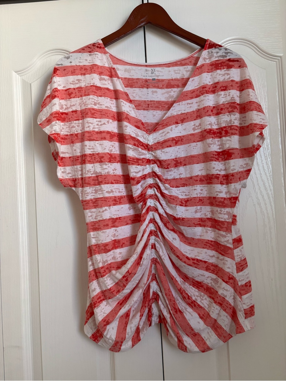 New York & Company reddish orange & White Ruched V-Neck Striped Top